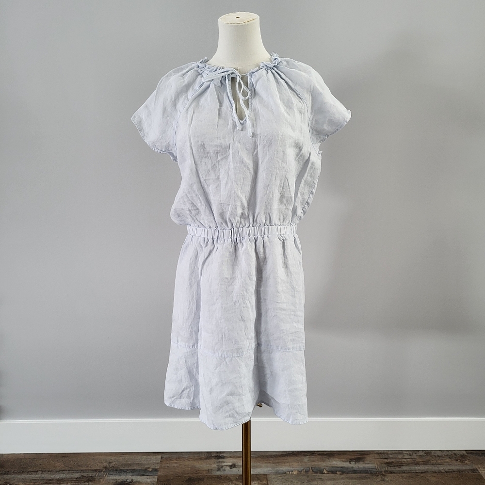 Anthro Cloth & Stone Linen Dress Blue Boho Peasant Tie Neck M